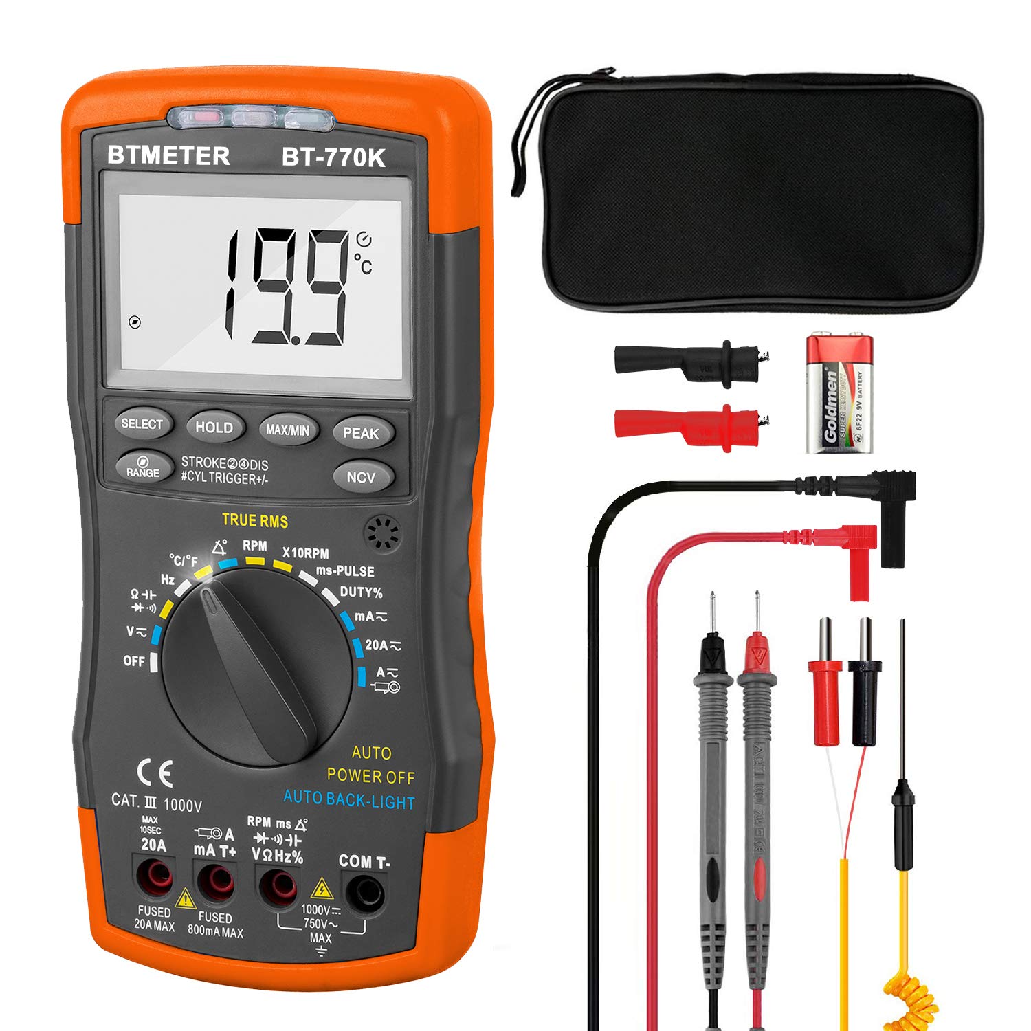 BTMETER BT-770K Auto Ranging Automotive Multimeter for Dwell Angle Pulse Width Tach Temperature Duty Cycle Voltage Current Resistance Test