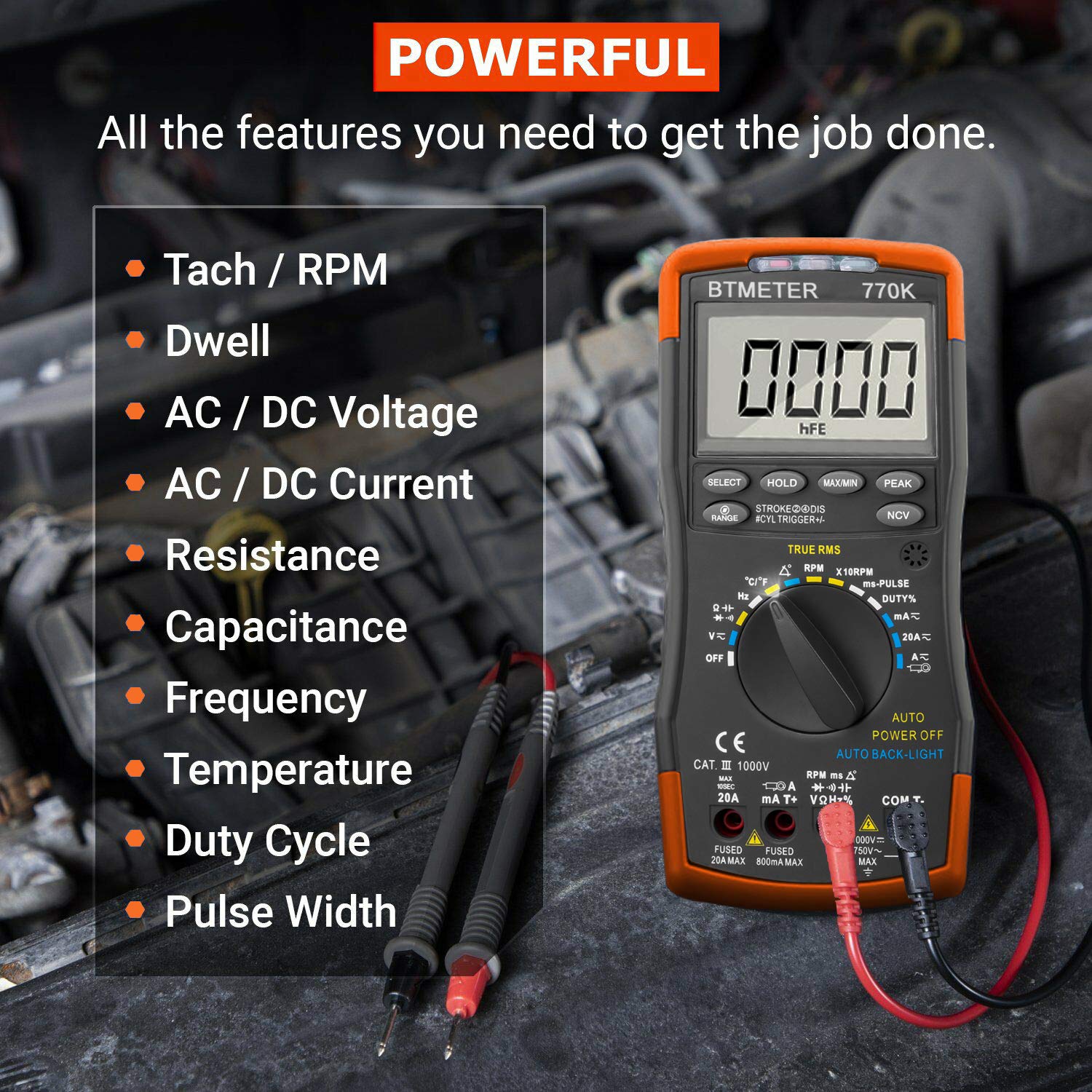 BTMETER BT-770K Auto Ranging Automotive Multimeter for Dwell Angle Pulse Width Tach Temperature Duty Cycle Voltage Current Resistance Test