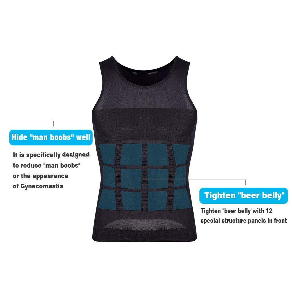 KOCLES Men's Compression Tank Top Slimming Body Shaper Vest Shirts Abs Abdomen Slim Undershirts Gym Weight Loss Workout Clothing (Black, XX-Large)