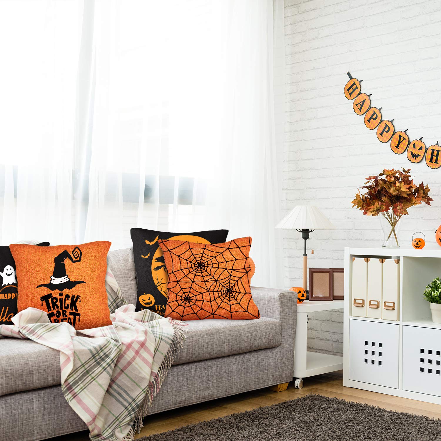 Whaline 4 Pieces Halloween Pillow Case, Orange and Black Pillow Cover, Happy Halloween Linen Sofa Bed Throw Cushion Cover Decoration (18" x 18")