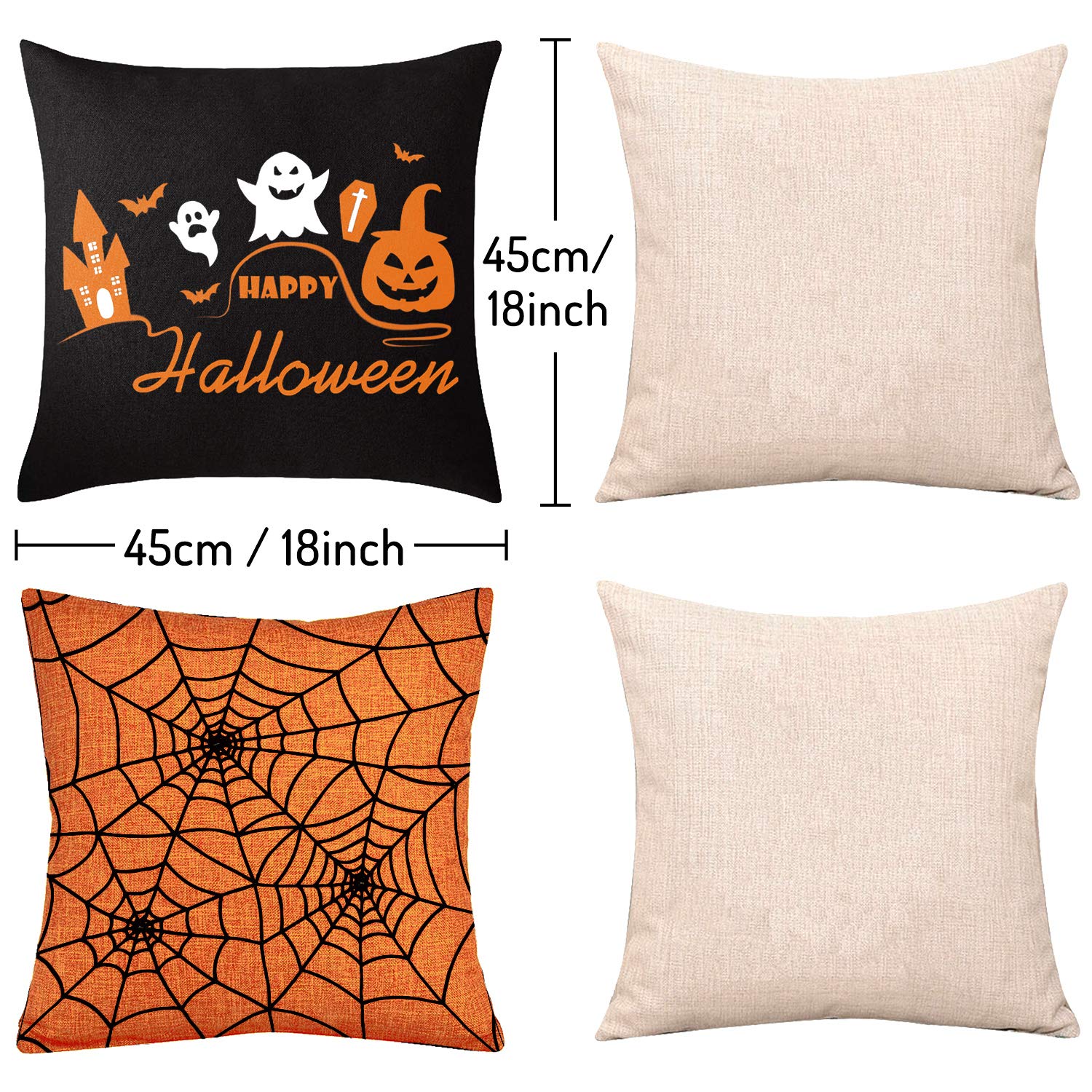 Whaline 4 Pieces Halloween Pillow Case, Orange and Black Pillow Cover, Happy Halloween Linen Sofa Bed Throw Cushion Cover Decoration (18" x 18")