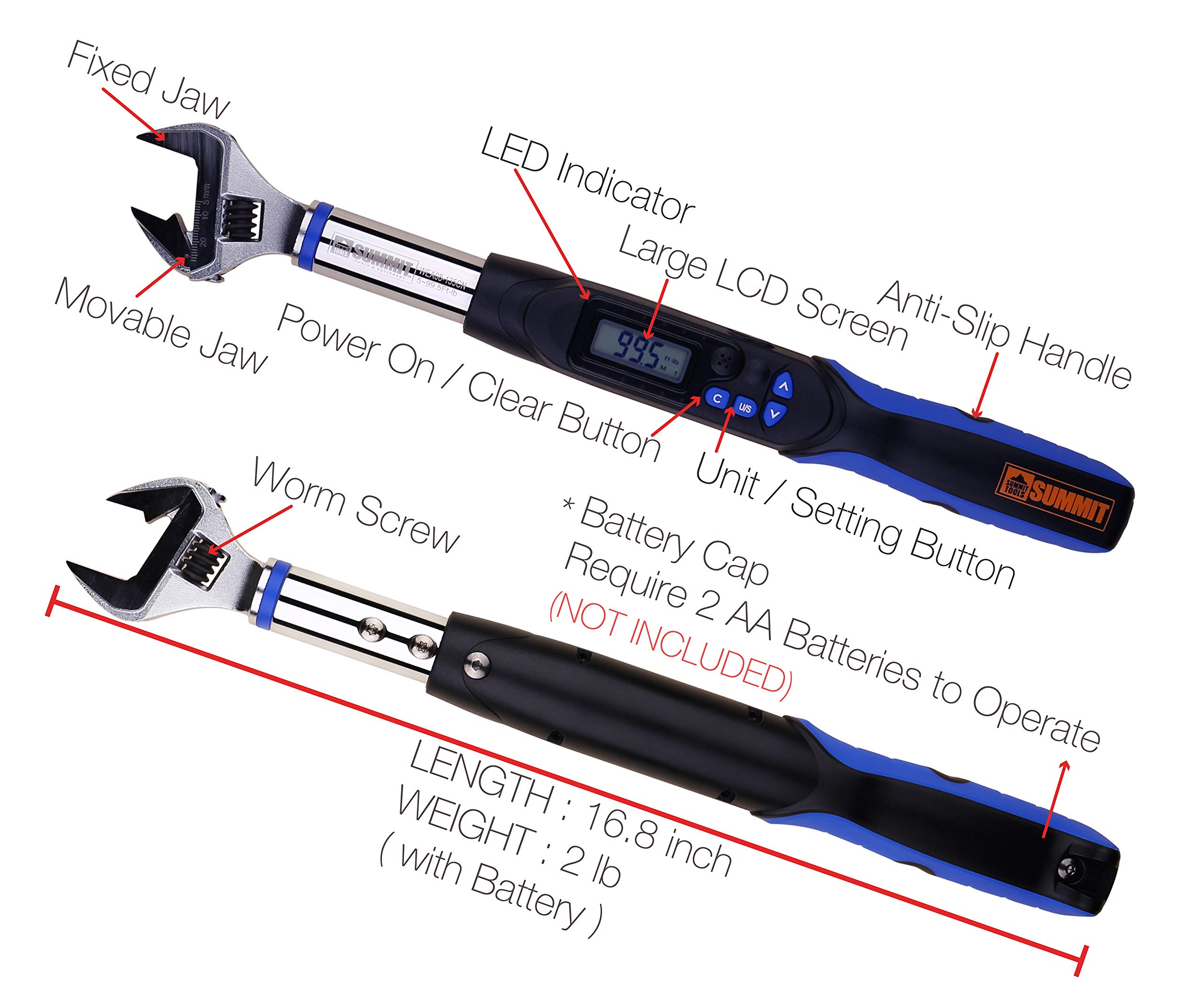 Summit Tools Adjustable Digital Torque Wrench, 5 to 99.5 ft-lb. Torque Range, 5-26 mm Adjustable Jaw, Set Target Torque, Buzzer and LED Indicators, Large LCD Display, Calibrated (WEA08-135CN)