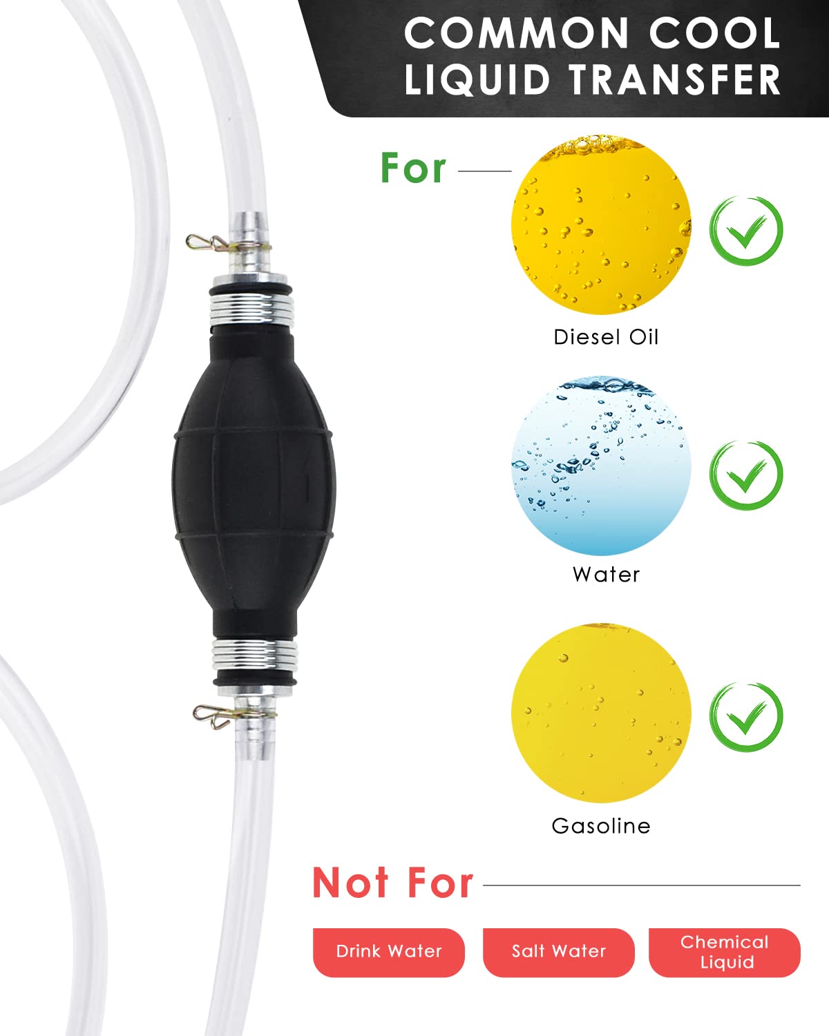 KATUMO Gasoline Siphone Hose, Gas Oil Water Fuel Transfer Siphon Pump, Portable Widely Use Hand Fuel Pump, Fuel Transfer Pump with 2 Durable PVC Hoses