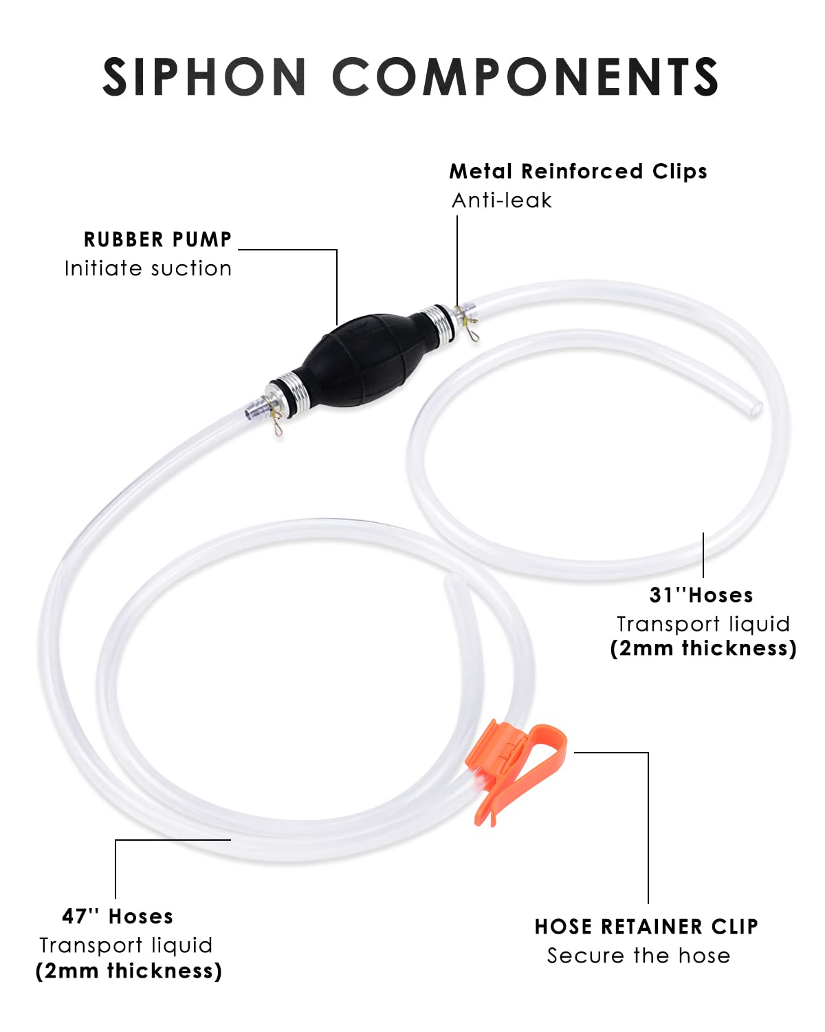 KATUMO Gasoline Siphone Hose, Gas Oil Water Fuel Transfer Siphon Pump, Portable Widely Use Hand Fuel Pump, Fuel Transfer Pump with 2 Durable PVC Hoses