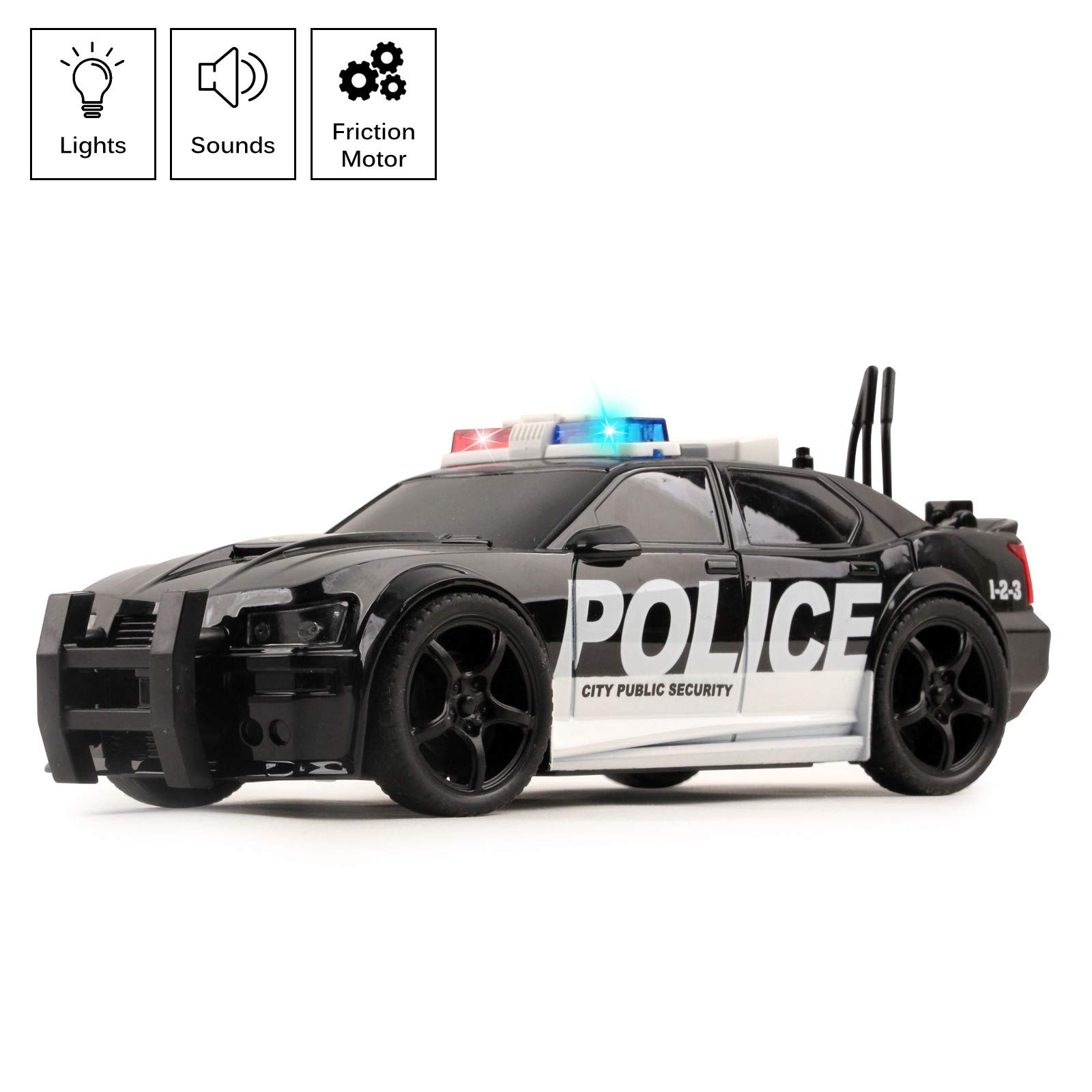 Vokodo Police Car Friction Powered 1:20 Scale with Lights Sirens and Sounds Durable Kids Rescue Emergency City Cop Vehicle Push and Go Pursuit SWAT Toy Pretend Play Great Gift for Children Boys Girls