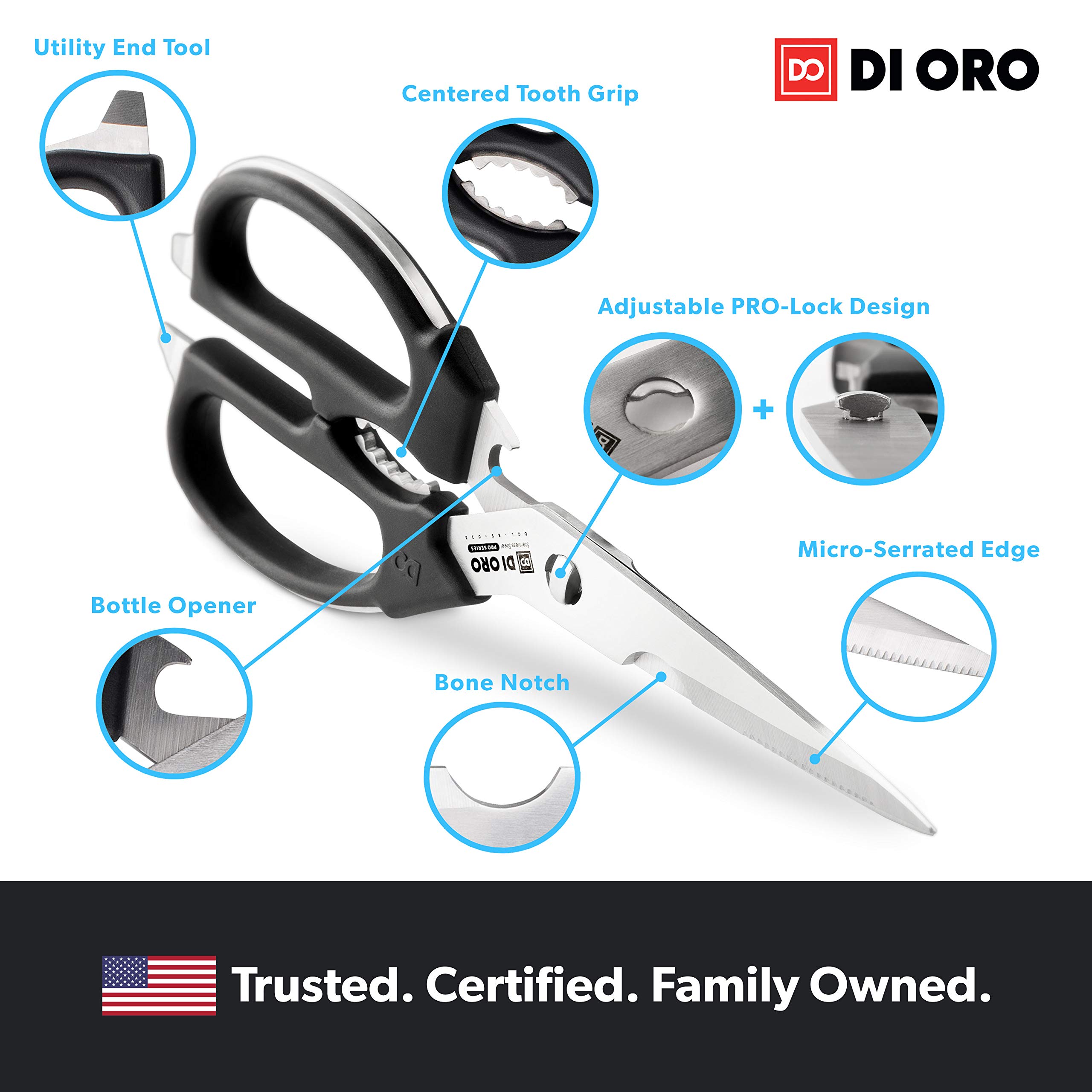 DI ORO Heavy Duty Kitchen Shears - Kitchen Scissors All Purpose - Sharp Kitchen Scissors for Food, Meat, & Herbs - Stainless Steel Kitchen Shears Heavy Duty & Dishwasher Safe - Bone Cutting Scissors