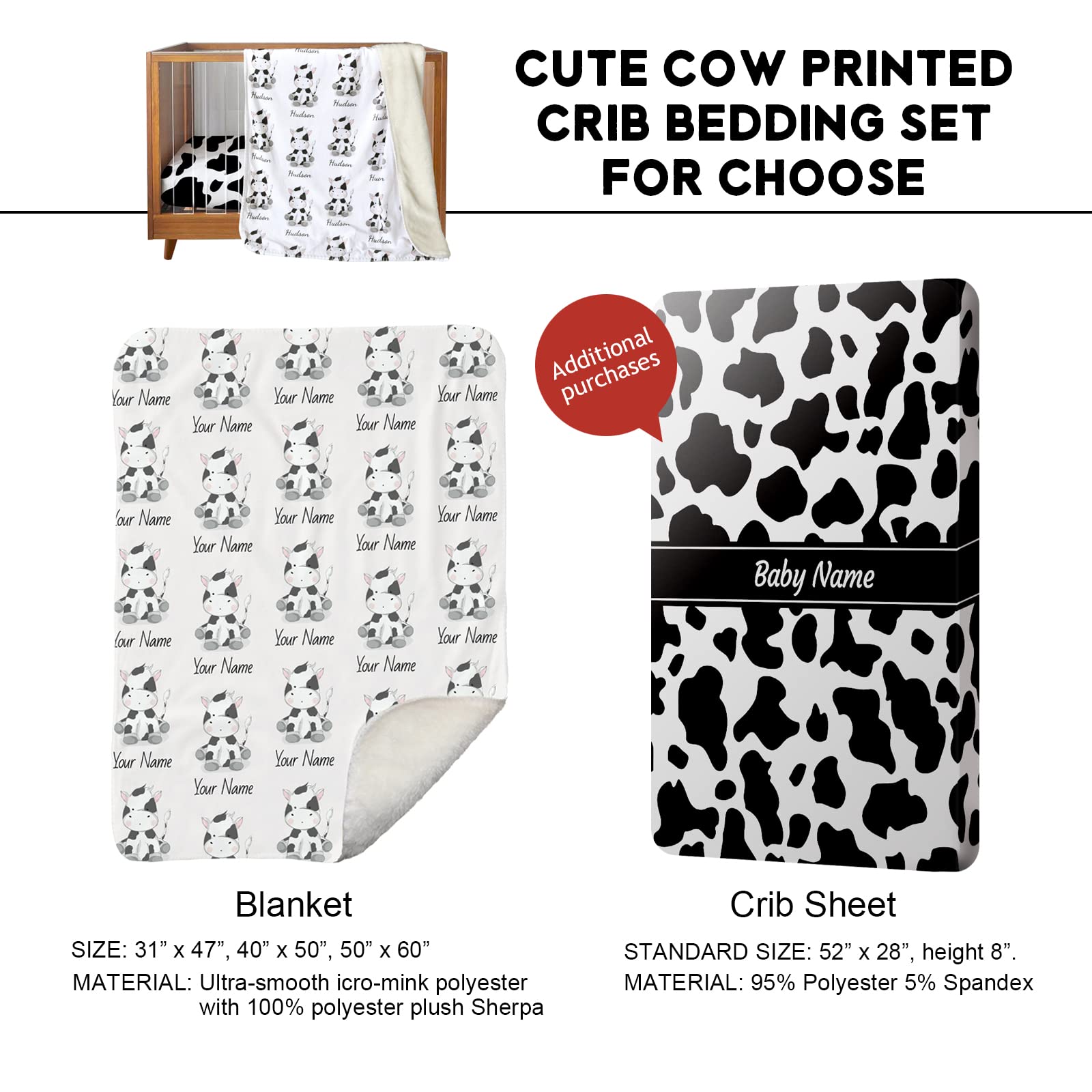 Personalized Cow Print Baby Blanket Custom with Name - Cute Farms Cartoon Cows - Soft Sherpa Fleece - Nursery Toddler Bedding and Decorative (31 x 47 inch)