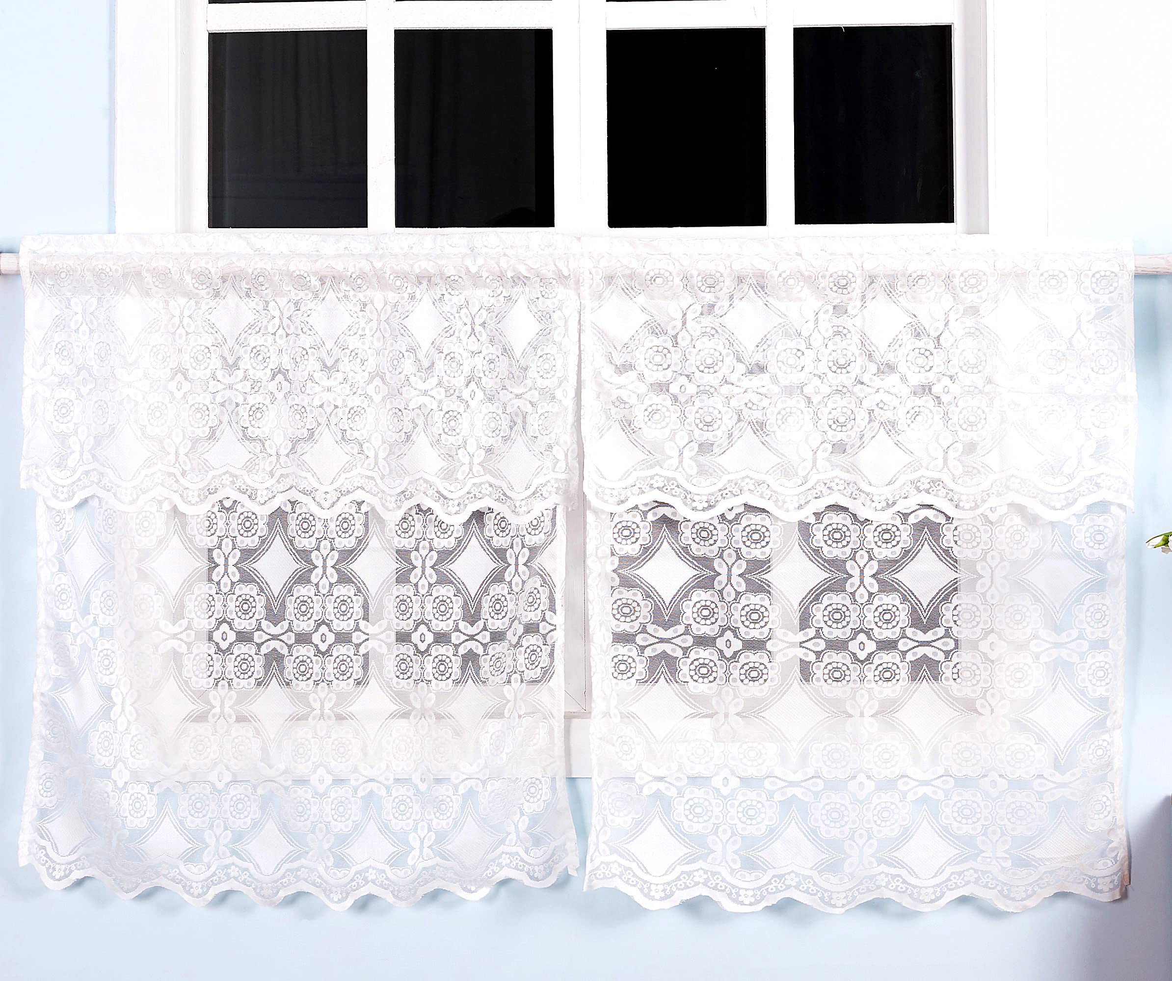 Molaxhome Lace Curtains 29 x 36 inch, 2 Pack White Kitchen Tiers Sheer Rod Pocket Voile for Small Bathroom Window Treatment (29 x 36 inch, White)