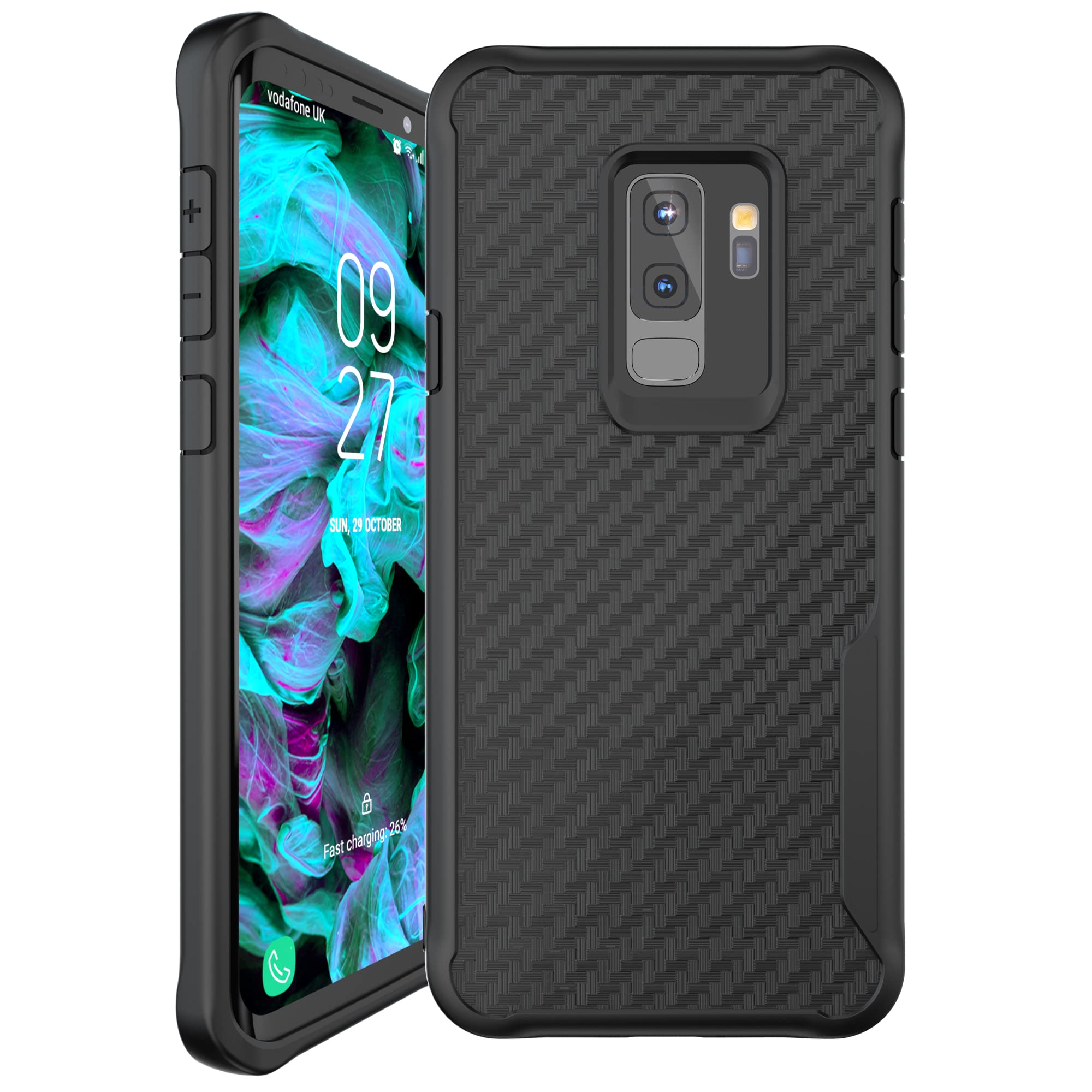 Carbon Fiber Pattern Slim Case Compatible with Samsung Galaxy S9 Plus, Shockproof 10ft. Drop Tested, Wireless Charging Compatible - Black