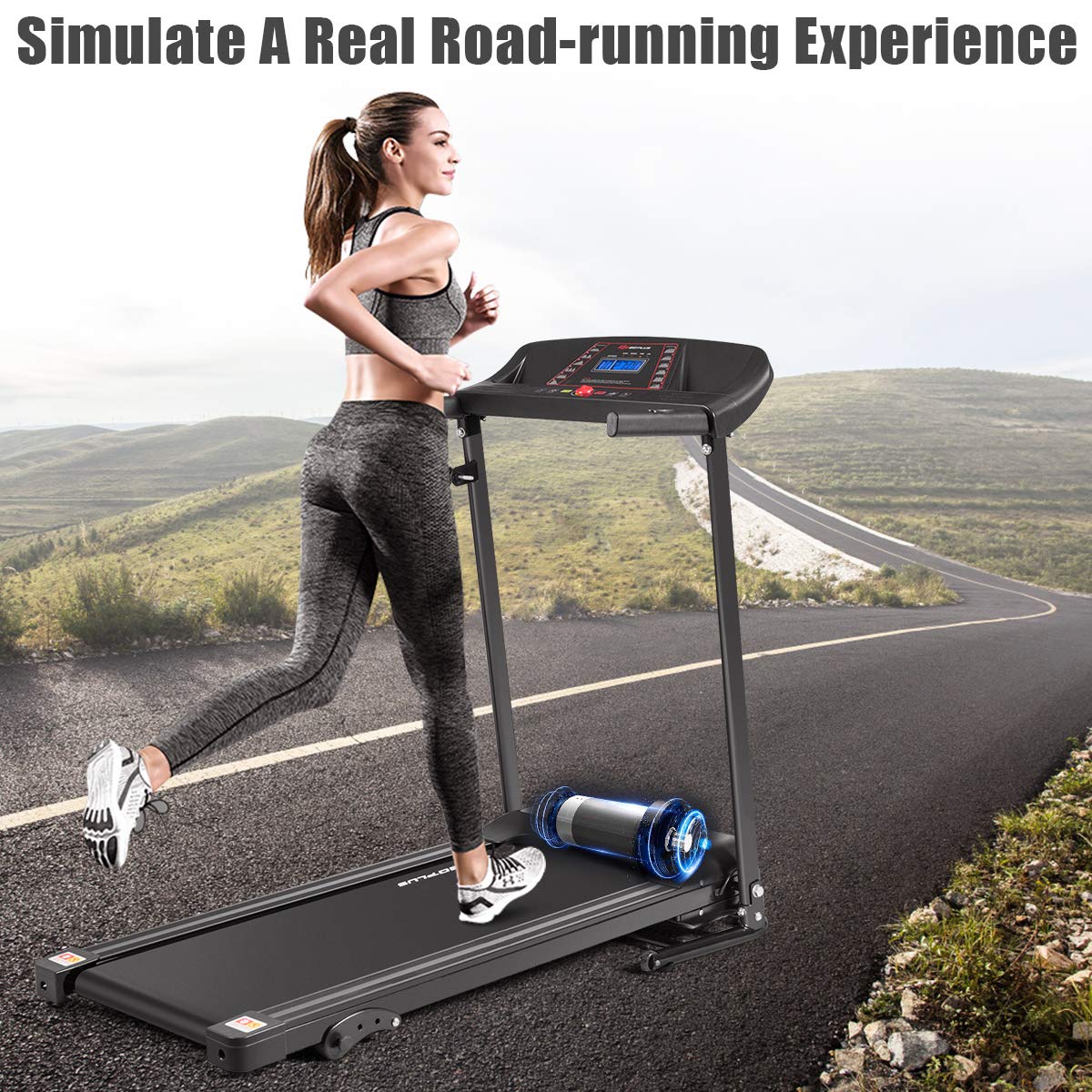 Goplus Electric Folding Treadmill, Adjustable Incline and Low Noise Design, with LCD Display and Heart Rate Sensor, Compact Running Machine for Home Office Apartment Black