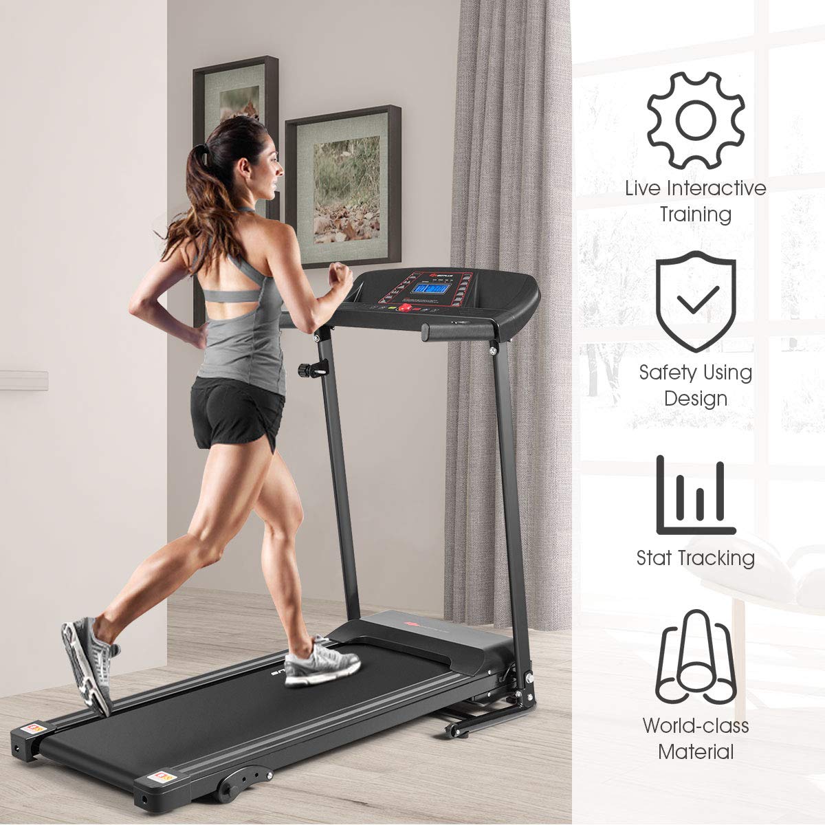 Goplus Electric Folding Treadmill, Adjustable Incline and Low Noise Design, with LCD Display and Heart Rate Sensor, Compact Running Machine for Home Office Apartment Black