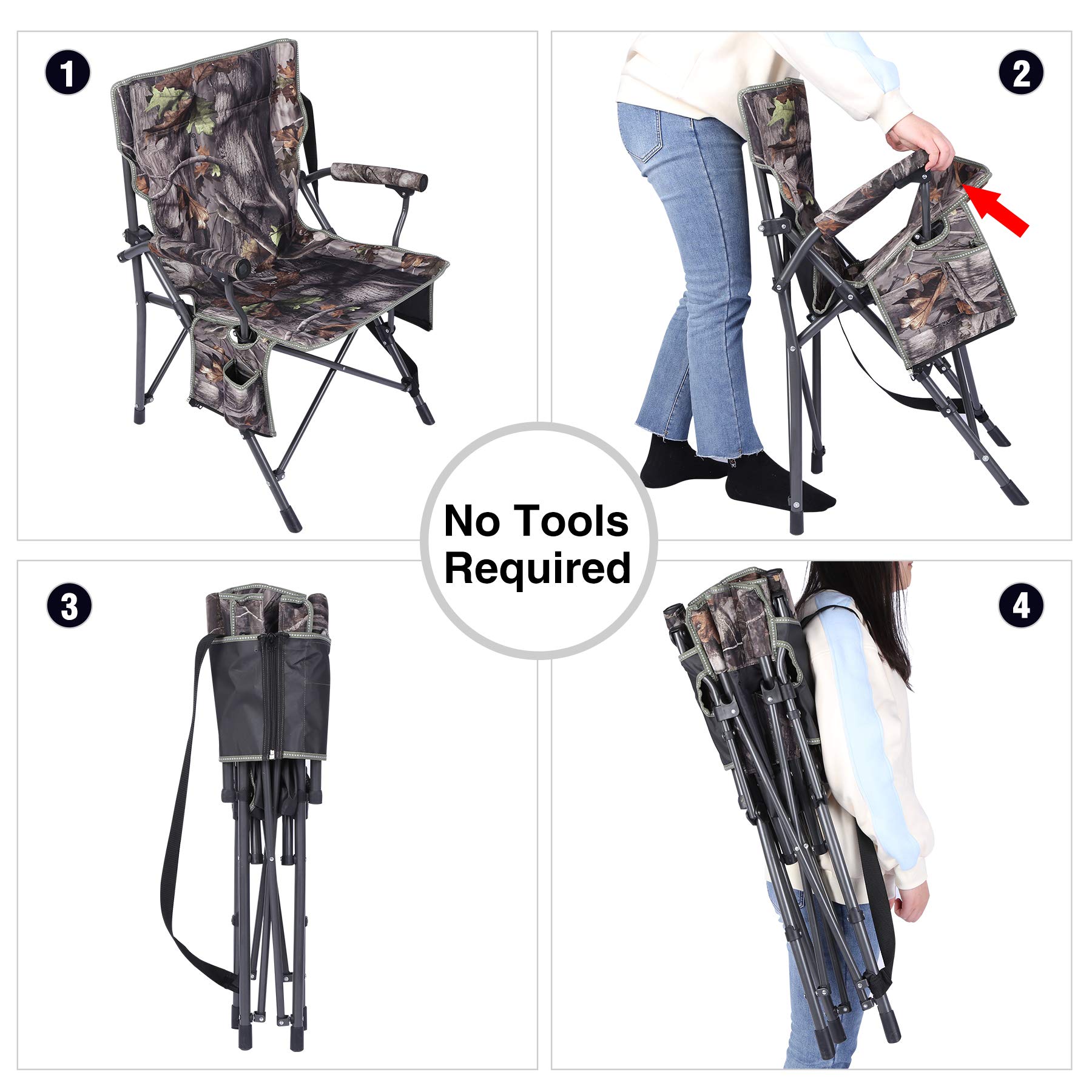 REDCAMP Oversized Hunting Chairs for Blinds, Portable Camping Chairs for Adults Heavy Duty, Hard Arms Folding Chairs for Outside Outdoor with Carry Bag, Camouflage