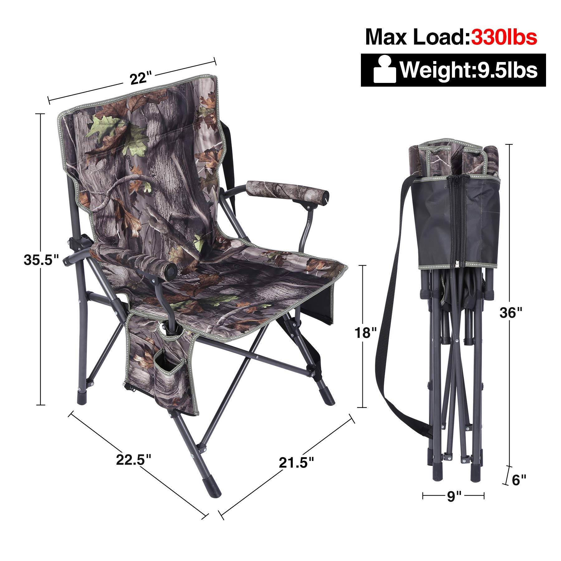 REDCAMP Oversized Hunting Chairs for Blinds, Portable Camping Chairs for Adults Heavy Duty, Hard Arms Folding Chairs for Outside Outdoor with Carry Bag, Camouflage