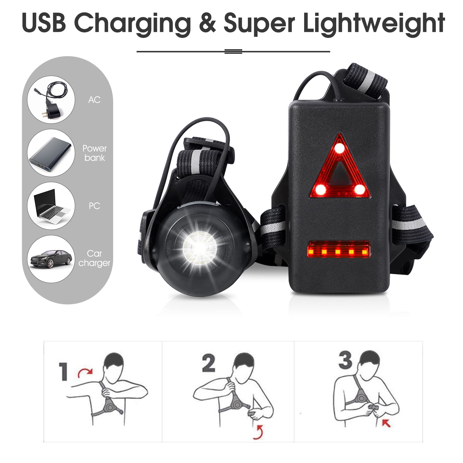 West Biking Christmas Gift Night Running Lights, USB Rechargeable Chest Light with 90° Adjustable Beam Angle, 500 Lumens Waterproof Ultra Bright SafetyLamp with Reflective Straps for Runner