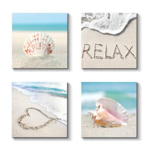 coastal beach picture wall art: seascape painting seashell giclee print on canvas for living room (12" x 12" x 4 pcs, multiple style)