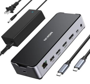 usb c docking station 3 monitors laptop usb c dock dual monitor with 2 hdmi displayport 4k144hz,usb a 2.0/3.0,usb c 3.1 10gbps&30w output,ethernet,microsd&sd,audio&mic,150w dc power for dell/lenovo/hp