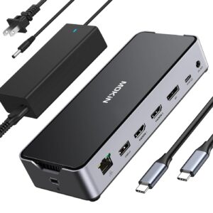 USB C Docking Station 3 Monitors Laptop USB C Dock Dual Monitor with 2 HDMI DisplayPort 4K144Hz,USB A 2.0/3.0,USB C 3.1 10Gbps&30W Output,Ethernet,MicroSD&SD,Audio&Mic,150W DC Power for Dell/Lenovo/HP