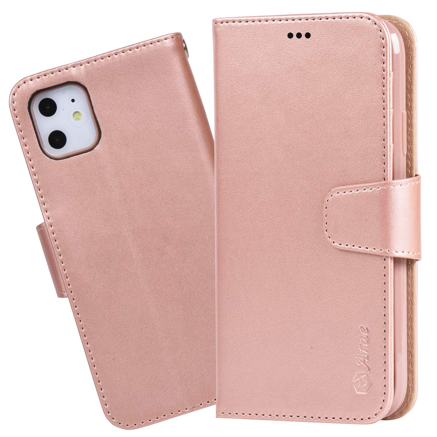 Arae Case for iPhone 11 Wallet Case Cover with Card Holder PU Leather with Wrist Strap and [4-Slots] ID&Credit Cards Pocket for iPhone 11 6.1 inch - Rosegold