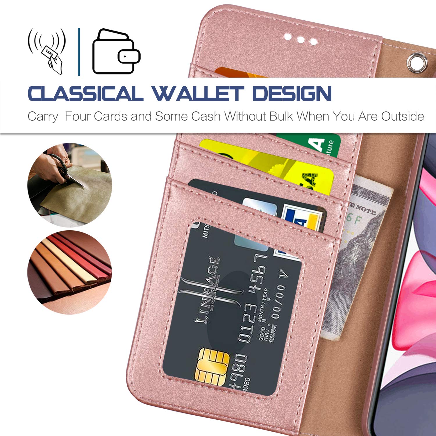 Arae Case for iPhone 11 Wallet Case Cover with Card Holder PU Leather with Wrist Strap and [4-Slots] ID&Credit Cards Pocket for iPhone 11 6.1 inch - Rosegold