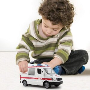 Vokodo Rescue Ambulance Friction Powered 1:16 Scale with Lights and Sounds Kids Medical Transport Emergency Vehicle Push and Go Durable Toy Car Pretend Play Van Great Gift for Children Boys Girls