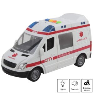 Vokodo Rescue Ambulance Friction Powered 1:16 Scale with Lights and Sounds Kids Medical Transport Emergency Vehicle Push and Go Durable Toy Car Pretend Play Van Great Gift for Children Boys Girls