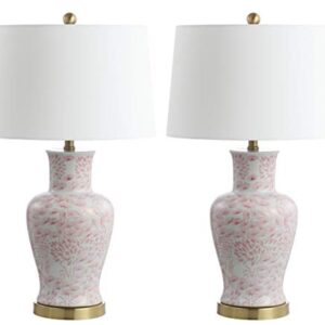 SAFAVIEH Lighting Collection Calli Pink/ White Chinoiserie 28-inch Bedroom Living Room Home Office Desk Nightstand Table Lamp Set of 2 (LED Bulbs Included)