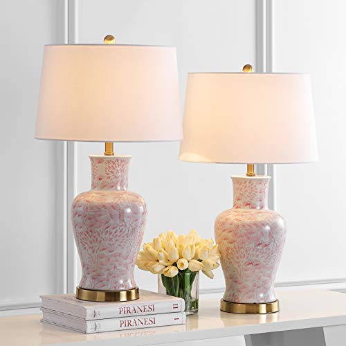 SAFAVIEH Lighting Collection Calli Pink/ White Chinoiserie 28-inch Bedroom Living Room Home Office Desk Nightstand Table Lamp Set of 2 (LED Bulbs Included)