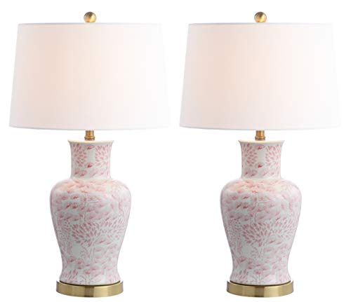 SAFAVIEH Lighting Collection Calli Pink/ White Chinoiserie 28-inch Bedroom Living Room Home Office Desk Nightstand Table Lamp Set of 2 (LED Bulbs Included)