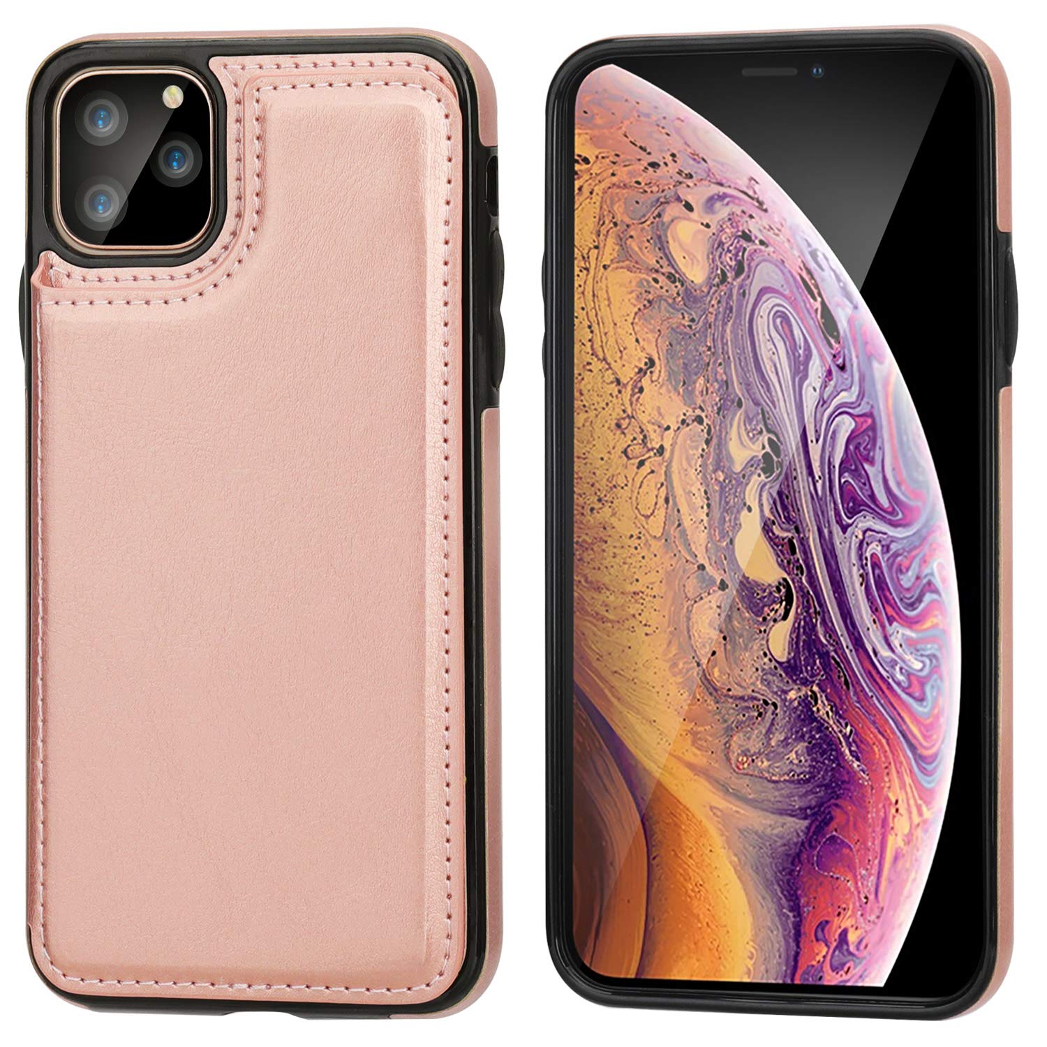 iPhone 11 Pro Max Wallet Case with Card Holder,OT ONETOP PU Leather Kickstand Card Slots Case,Double Magnetic Clasp and Durable Shockproof Cover for iPhone 11 Pro Max 6.5 Inch(Rose Gold)