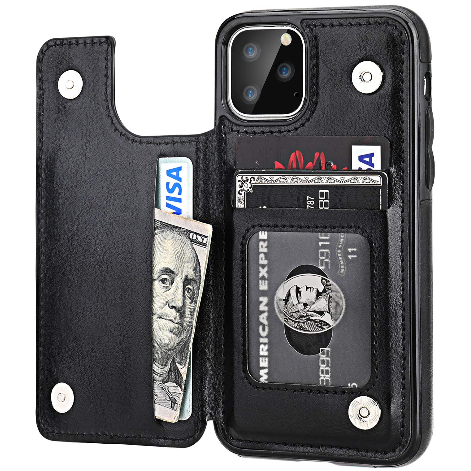 iPhone 11 Pro Wallet Case with Card Holder,OT ONETOP PU Leather Kickstand Card Slots Case,Double Magnetic Clasp and Durable Shockproof Cover for iPhone 11 Pro 5.8 Inch(Black)