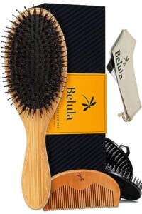 belula boar bristle hair brush for men set.styling mens' hair brush with nylon pins. boar bristle brush, 2 x palm brush, wooden comb & travel bag included.