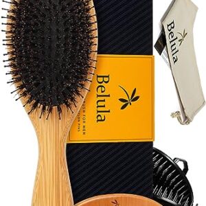 Belula Boar Bristle Hair Brush for Men Set.Styling Mens' Hair Brush with Nylon Pins. Boar Bristle Brush, 2 x Palm Brush, Wooden Comb & Travel Bag Included.