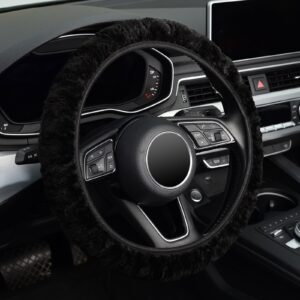 kafeek elastic long microfiber plush steering wheel cover for winter warm, universal 15 inch, anti-slip, odorless, black