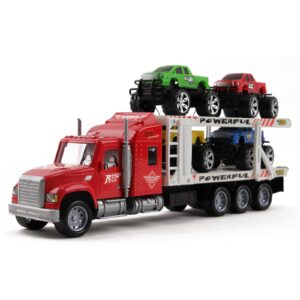 Vokodo Friction Powered Toy Semi Truck Trailer 14.5" With Four Lifted Pickup Cars Kids Push And Go Big Rig Carrier 1:32 Scale Auto Transporter Semi-Truck Play Vehicle Great Gift For Children Boys Girl