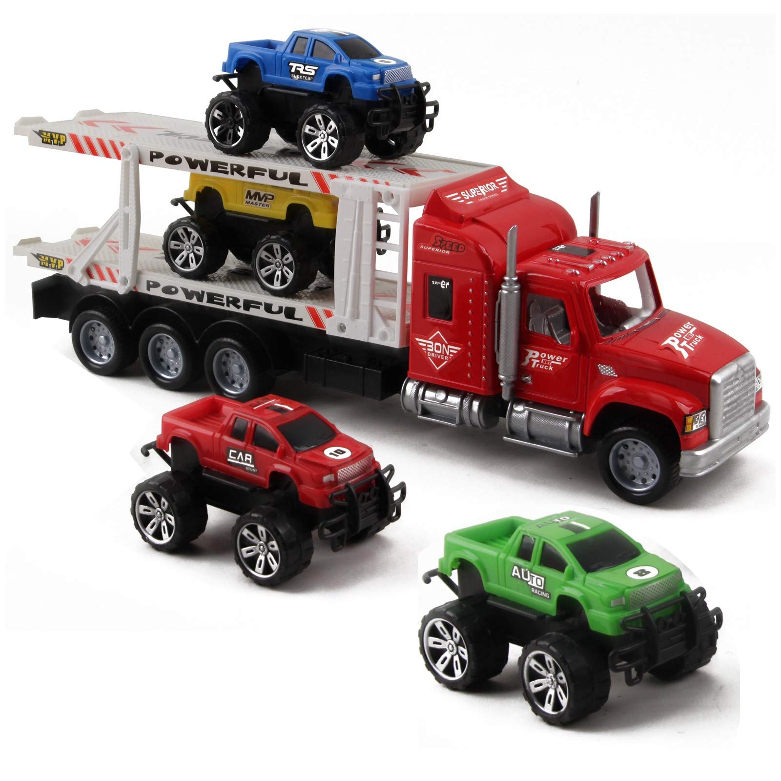 Vokodo Friction Powered Toy Semi Truck Trailer 14.5" With Four Lifted Pickup Cars Kids Push And Go Big Rig Carrier 1:32 Scale Auto Transporter Semi-Truck Play Vehicle Great Gift For Children Boys Girl