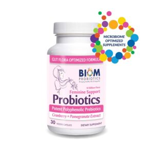 biom complete feminine balance women's daily probiotics + prebiotics with organic cranberry & pomegranate with lactobacillus crispatus, gluten &, dairy-free. 30 servings