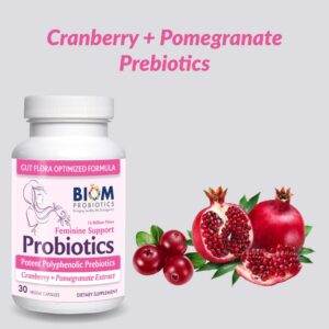 Biom Complete Feminine Balance Women's Daily Probiotics + Prebiotics with Organic Cranberry & Pomegranate with Lactobacillus crispatus, Gluten &, Dairy-Free. 30 Servings