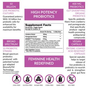 Biom Complete Feminine Balance Women's Daily Probiotics + Prebiotics with Organic Cranberry & Pomegranate with Lactobacillus crispatus, Gluten &, Dairy-Free. 30 Servings