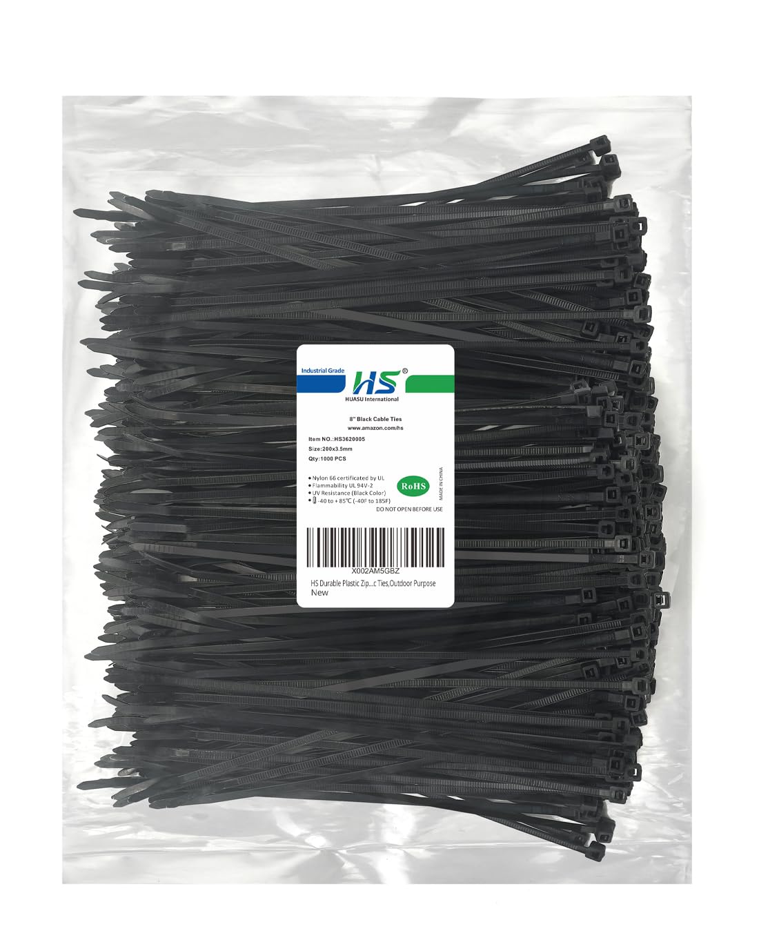 HS Durable Plastic Zip Ties 8 Inch (Bulk-1000 Pack) UV Black Cable Ties 40 Lbs Self-Locking Wire Ties Width 1/8 Inch,Outdoor Purpose