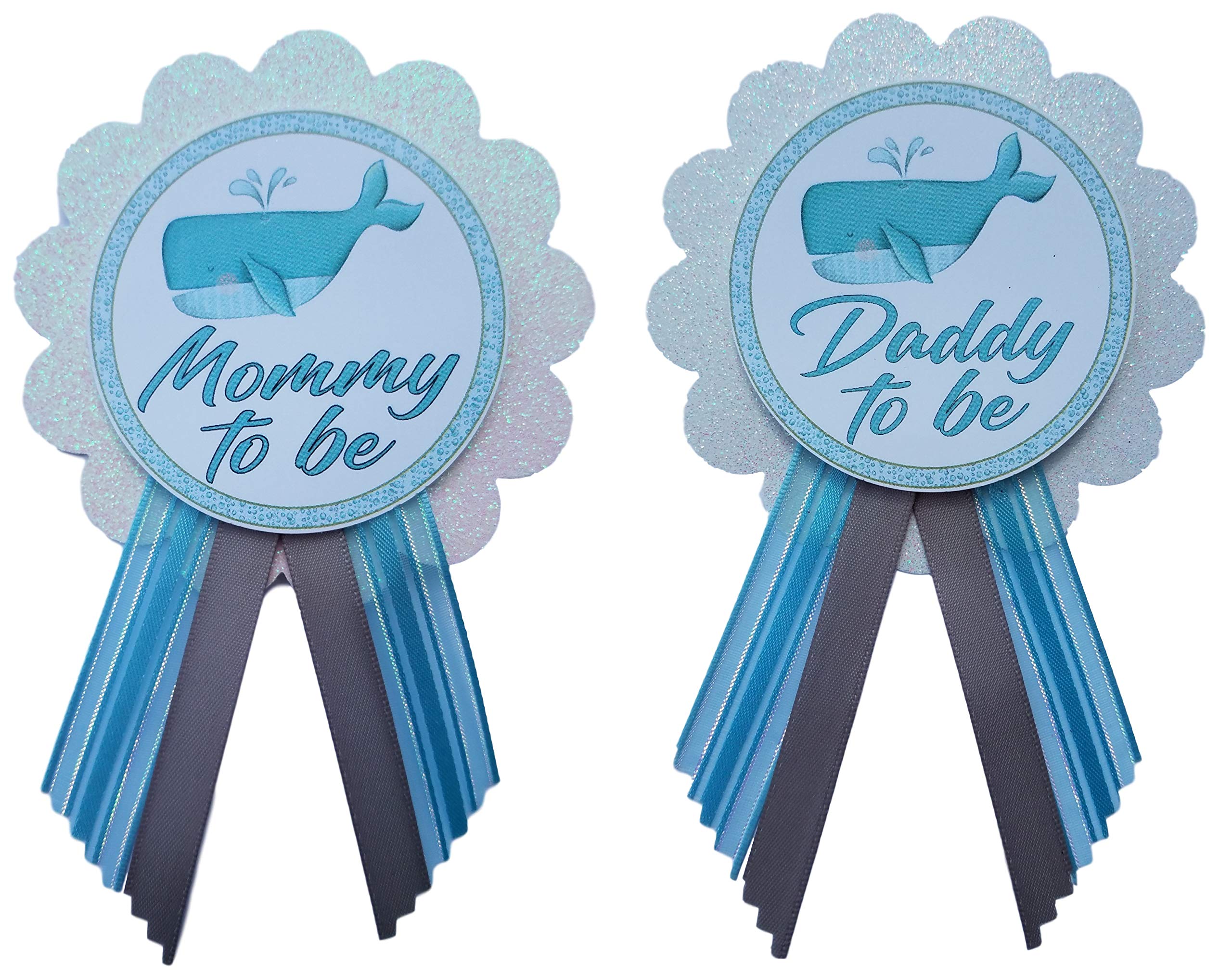 2 Mommy & Daddy to Be Pin Whale Ocean Baby Shower It's a Boy for parents to wear, Blue & White Sprinkle