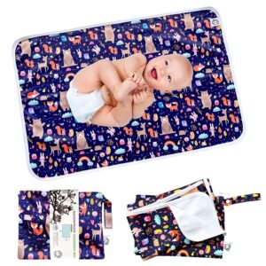 flockthree waterproof baby changing pad with storage bag (43.3" x 28.7") washable wipeable reusable leak proof diaper travel mat station changing mattress liner cribs bed cover, animals