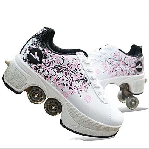 Mlyzhe Rollerskate Shoes Parkour Dual Skates Casual Retractable Deformation Roller Shoes Skating Shoes with Wheel Double-Row Outdoor Trainer Roller Skate Shoe for Women Boys Girls Wheels Shoes