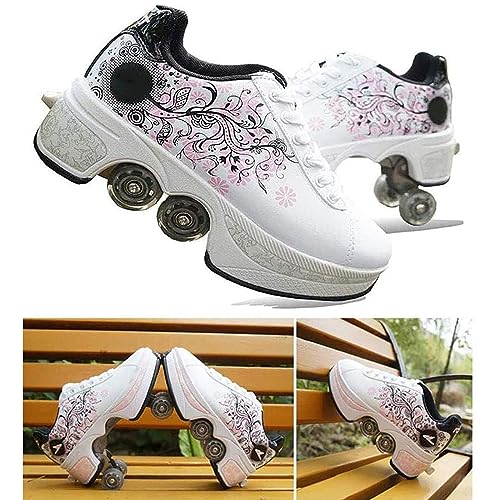 Mlyzhe Rollerskate Shoes Parkour Dual Skates Casual Retractable Deformation Roller Shoes Skating Shoes with Wheel Double-Row Outdoor Trainer Roller Skate Shoe for Women Boys Girls Wheels Shoes