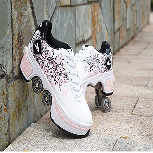 Mlyzhe Rollerskate Shoes Parkour Dual Skates Casual Retractable Deformation Roller Shoes Skating Shoes with Wheel Double-Row Outdoor Trainer Roller Skate Shoe for Women Boys Girls Wheels Shoes