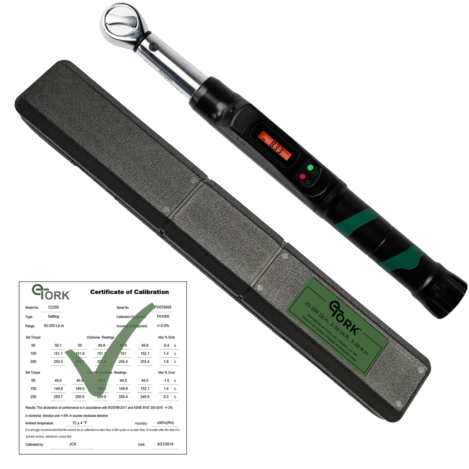 eTORK - Click-Style Torque Wrench | 3/8 Torque Wrench | 250 Inch Pounds Torque Wrench | Auto Torque Wrench | Electronic Scale Torque Wrench 3/8 Drive | Range: 25-250 in.-lb./3-28 N.m