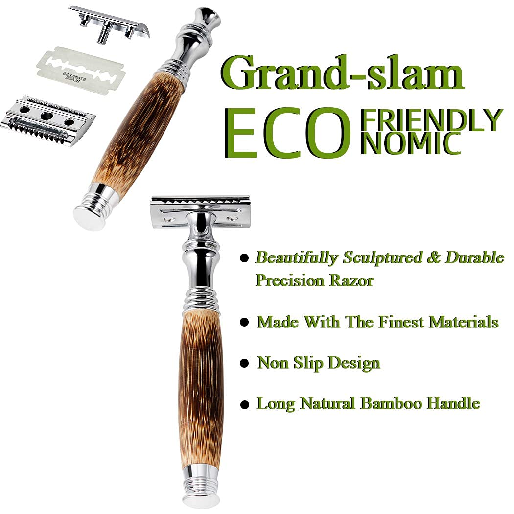 Grandslam Double Edge Safety Razor + 10 Blades Safety Razor with Handmade Long Natural Bamboo Handle Eco Friendly Safety Razors for Women/Men Ladies Shaver