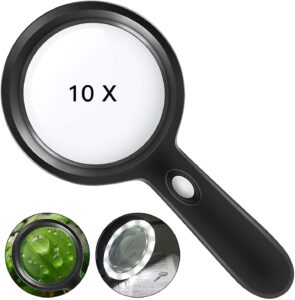 hyoiio 10x magnifying glass with light, lighted magnifying glass 10x with 12 led lights for seniors kids- large magnifying glass for reading, inspection, coins, jewelry, explorin