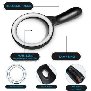 HYOIIO 10x Magnifying Glass with Light, Lighted Magnifying Glass 10X with 12 LED Lights for Seniors Kids- Large Magnifying Glass for Reading, Inspection, Coins, Jewelry, Explorin