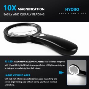 HYOIIO 10x Magnifying Glass with Light, Lighted Magnifying Glass 10X with 12 LED Lights for Seniors Kids- Large Magnifying Glass for Reading, Inspection, Coins, Jewelry, Explorin