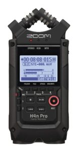 zoom h4n pro 4-track portable recorder, all black, stereo microphones, 2 xlr/ ¼“ combo inputs, battery powered, for stereo/multitrack recording of music, audio for video, and podcasting